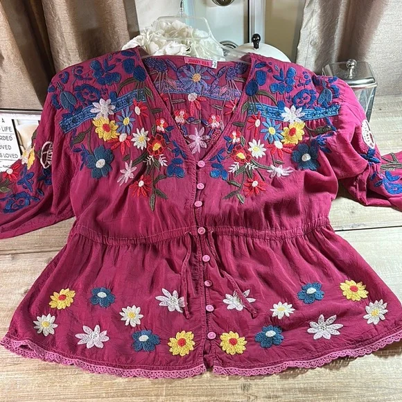 Johnny Was Magenta Floral Embroidered Blouse